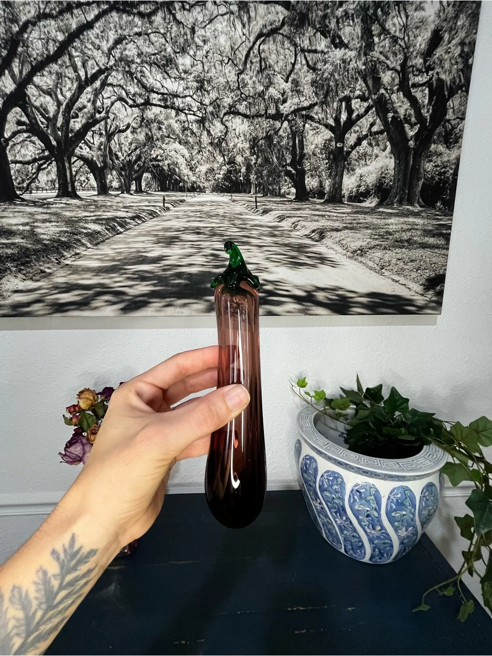 Artisan Glass Chili Accent Vase in Brown with Green Stem